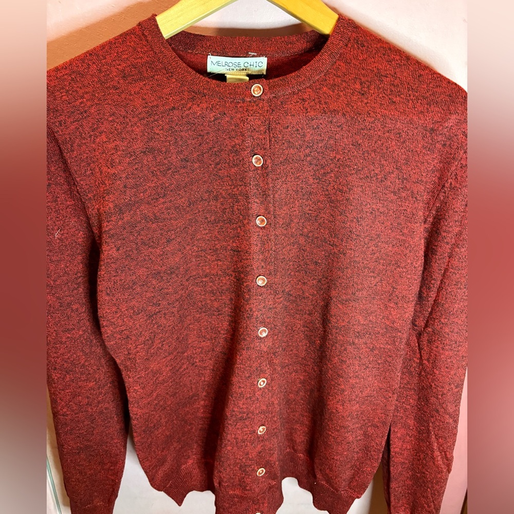 Melrose Chic Heathered Red Cardigan. Jeweled Buttons.